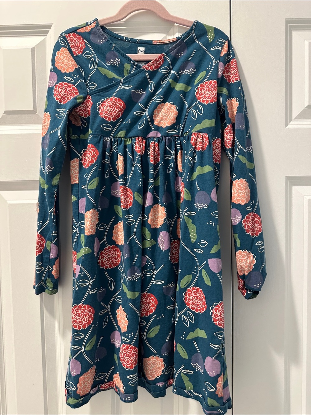 Tea Collection Girls Floral Long Sleeve Dress - Teal with Pink & Coral Flowers